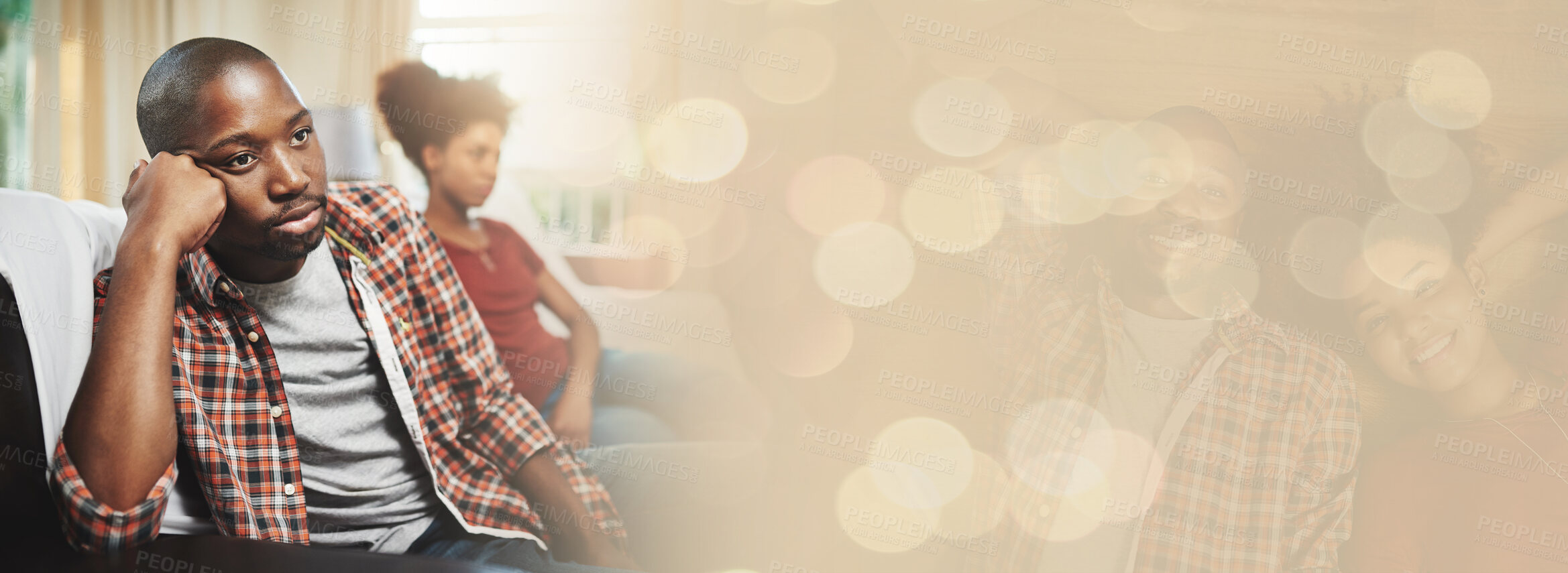 Buy stock photo Couple, angry and silent divorce after argument on sofa, fail and banner in marriage, mad and conflict. Unhappy black people, fight and upset in toxic relationship, bokeh or overlay on breakup