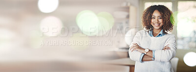 Buy stock photo Portrait, banner and business woman with arms crossed, bokeh and mockup space. Face, confidence and happy real estate agent, worker and employee in new property, house or apartment in South Africa