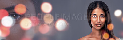 Buy stock photo Woman, hair and beauty in portrait, double exposure and banner with mockup space and keratin treatment on studio background. Bokeh, haircare and wellness, salon hairstyle and overlay with cosmetics