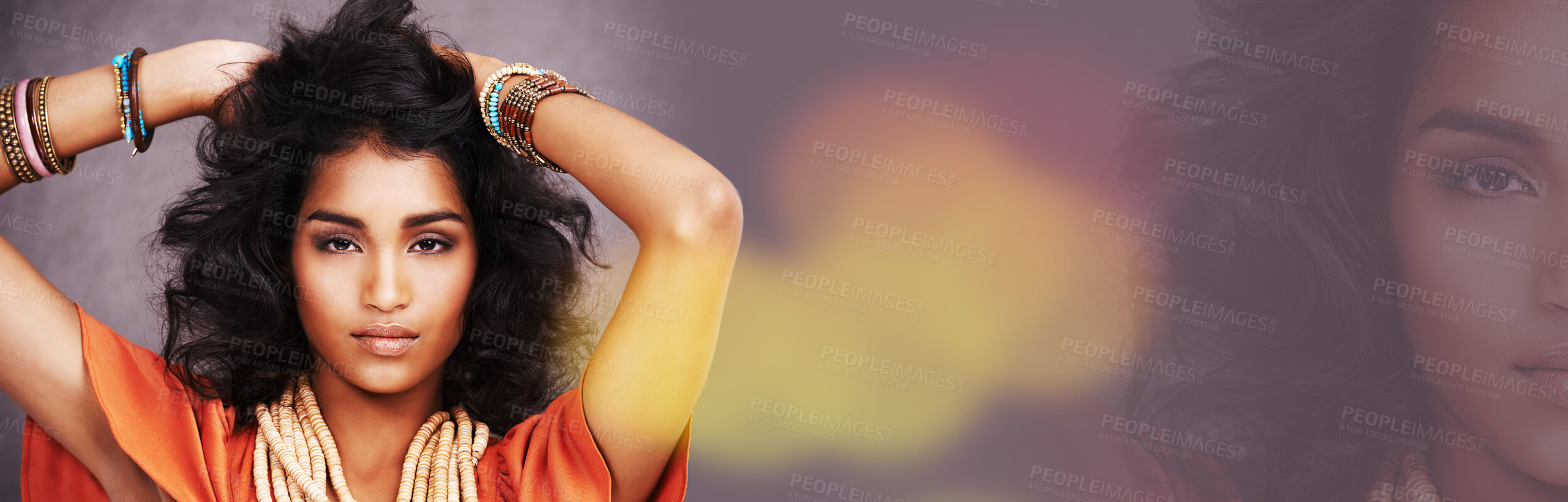 Buy stock photo Woman, face and beauty in portrait, double exposure and banner with mockup space and studio background. Bokeh, hair and Indian fashion model in portrait, style and clothes, overlay and cosmetic care