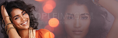 Buy stock photo Happy woman, smile and beauty in portrait, double exposure and banner with mockup space and studio background. Bokeh, hair and Indian fashion model with style and clothes, overlay and cosmetic care