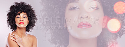 Buy stock photo Beauty, overlay and portrait of woman with mockup space for wellness, makeup and banner. Skincare, dermatology and African person with cosmetics, aesthetic and luxury facial on double exposure