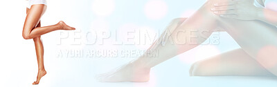 Buy stock photo Beauty, legs and double exposure with a woman in studio on a banner for natural skincare or wellness. Hands, mockup space and a model touching her smooth skin after treatment at the spa or salon