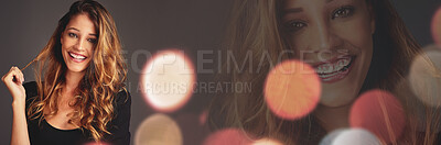 Buy stock photo Beauty, bokeh and portrait of happy woman in mockup banner for hair care, cosmetics or fashion promo. Smile, confidence and overlay, face of model with info space for makeup or double exposure