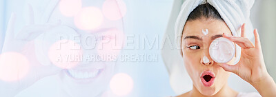 Buy stock photo Woman, cover eye and beauty cream, skincare and wow for results or facial product on white background in double exposure. Model thinking of collagen, skin care and dermatology banner or bokeh overlay