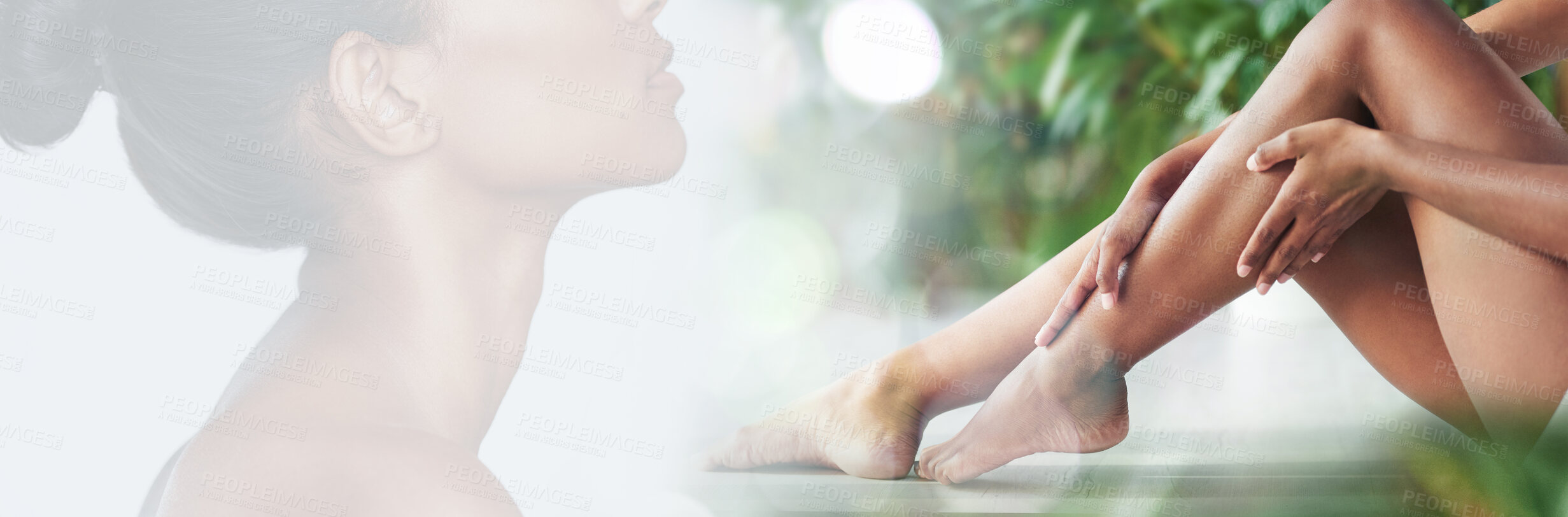 Buy stock photo Beauty, legs in nature and double exposure with a model in studio on a banner for natural skincare or wellness. Hands, mockup space and a woman touching her smooth skin after treatment at the spa