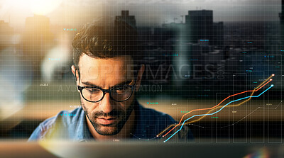 Buy stock photo Man, computer and stock market double exposure in trading, data analytics and night sales, profit or increase. Trader or investor reading statistics, lines or graphs in online investment with overlay