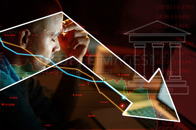 Buy stock photo Man, stress and arrow for recession, double exposure and stock market crash with fail, mistake and data. Financial crisis, debt and inflation with interest rate stats, bank overlay and sad accountant