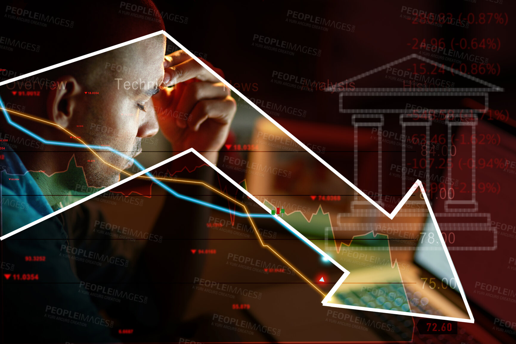 Buy stock photo Man, stress and arrow for recession, double exposure and stock market crash with fail, mistake and data. Financial crisis, debt and inflation with interest rate stats, bank overlay and sad accountant