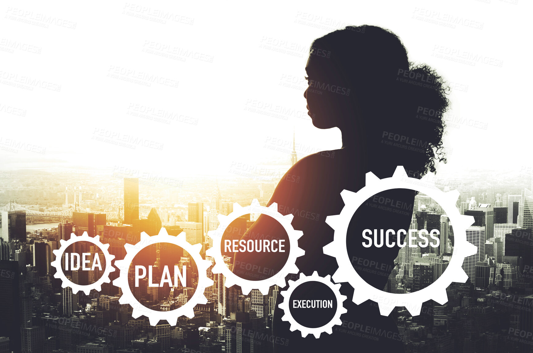 Buy stock photo Business woman, gears and silhouette with double exposure, city and vision with steps for success. Corporate employee, entrepreneur and thinking with idea, illustration and icon overlay for planning