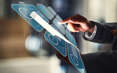 Buy stock photo Tablet, business hands and screen hologram with job card, project and time management in night office. Professional person press and typing on digital technology, futuristic planning and 3d task app