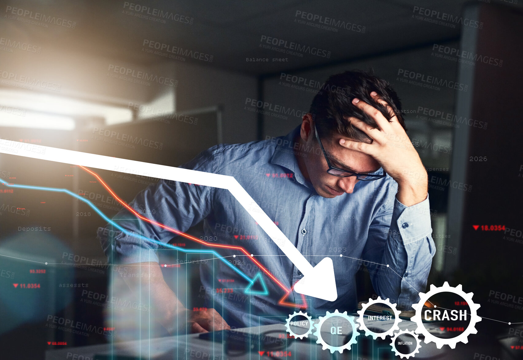 Buy stock photo Businessman, night and trading on stock market crash or financial crisis in debt with overlay at office. Frustrated man or trader working late in mistake, investment loss or bankruptcy at workplace