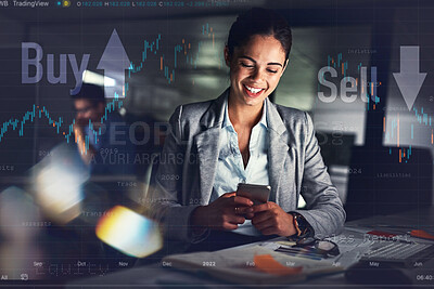 Buy stock photo Business woman, phone and happy trading in night overlay with digital assets, investment and sell or buy statistics. Financial trader or investor on mobile software with increase, growth and profit