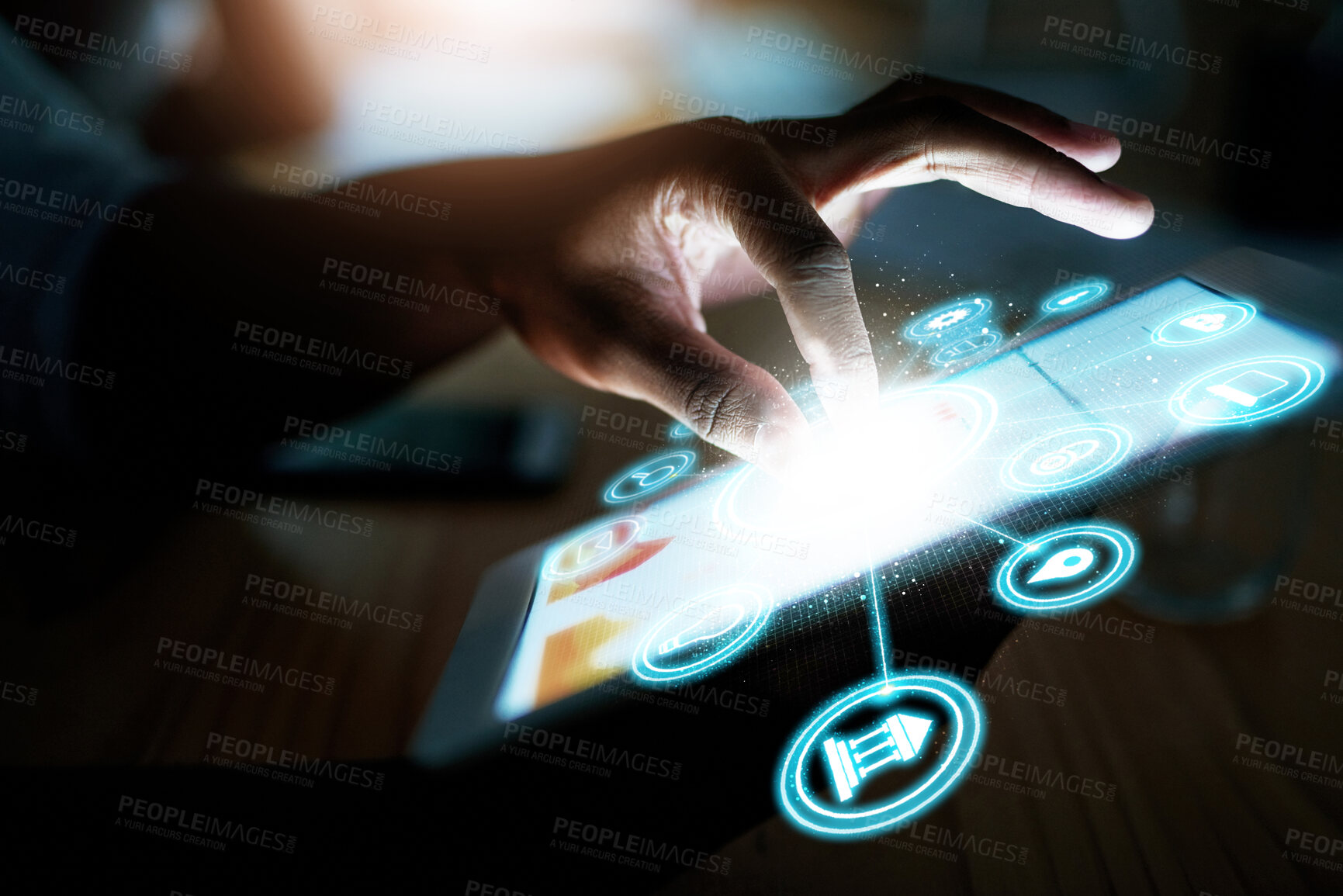 Buy stock photo Person, hand and tablet at night with hologram, UI or 3D HUD and dashboard with icons on desk at office. Closeup of employee working late on technology in digital marketing or networking at workplace