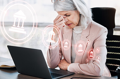 Buy stock photo Banking, woman or headache and laptop with overlay for crisis, recession or stock market fail in office. Cryptocurrency, person and hologram with bad investment, software glitch or trading with icon