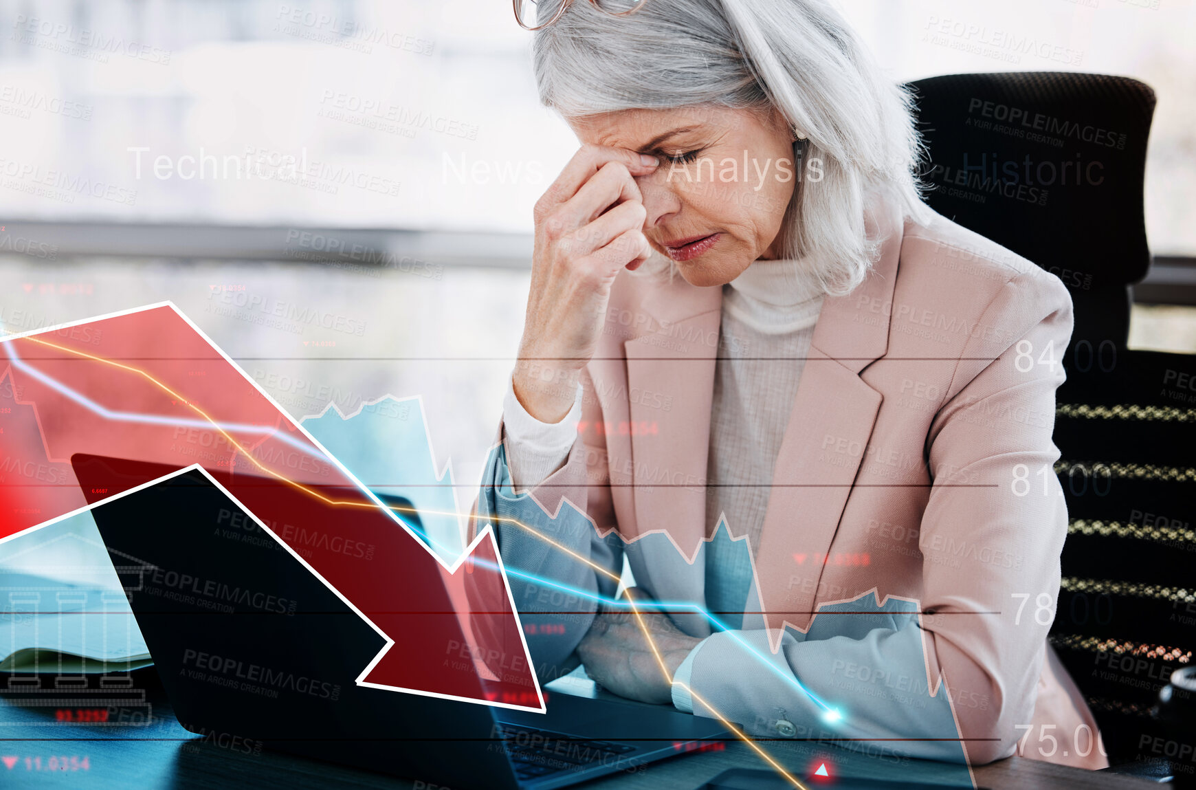 Buy stock photo Graphic, sad and a business woman with a laptop with economy, finance or company fail. Mature, tired and a corporate manager or ceo with migraine pain or depression about online trading stress