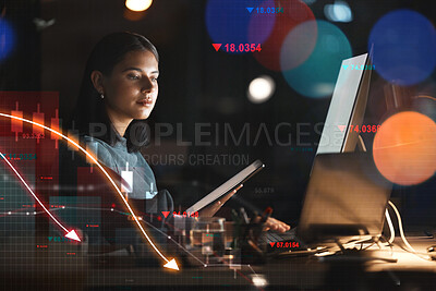 Buy stock photo Woman, night and trading on stock market at night in financial crisis, loss or debt on overlay at office. Female person or trader working late with technology in mistake, bad investment or bankruptcy