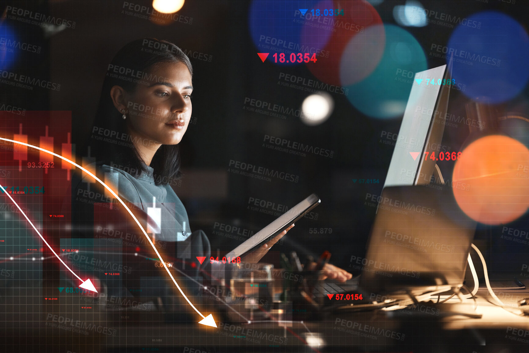 Buy stock photo Woman, night and trading on stock market at night in financial crisis, loss or debt on overlay at office. Female person or trader working late with technology in mistake, bad investment or bankruptcy