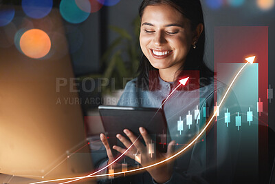 Buy stock photo Woman, smile and arrow by chart, double exposure or stock market on tablet for goal, profit and analysis. Financial success, increase and bonus on graph for stats, bank app or fintech for accountant