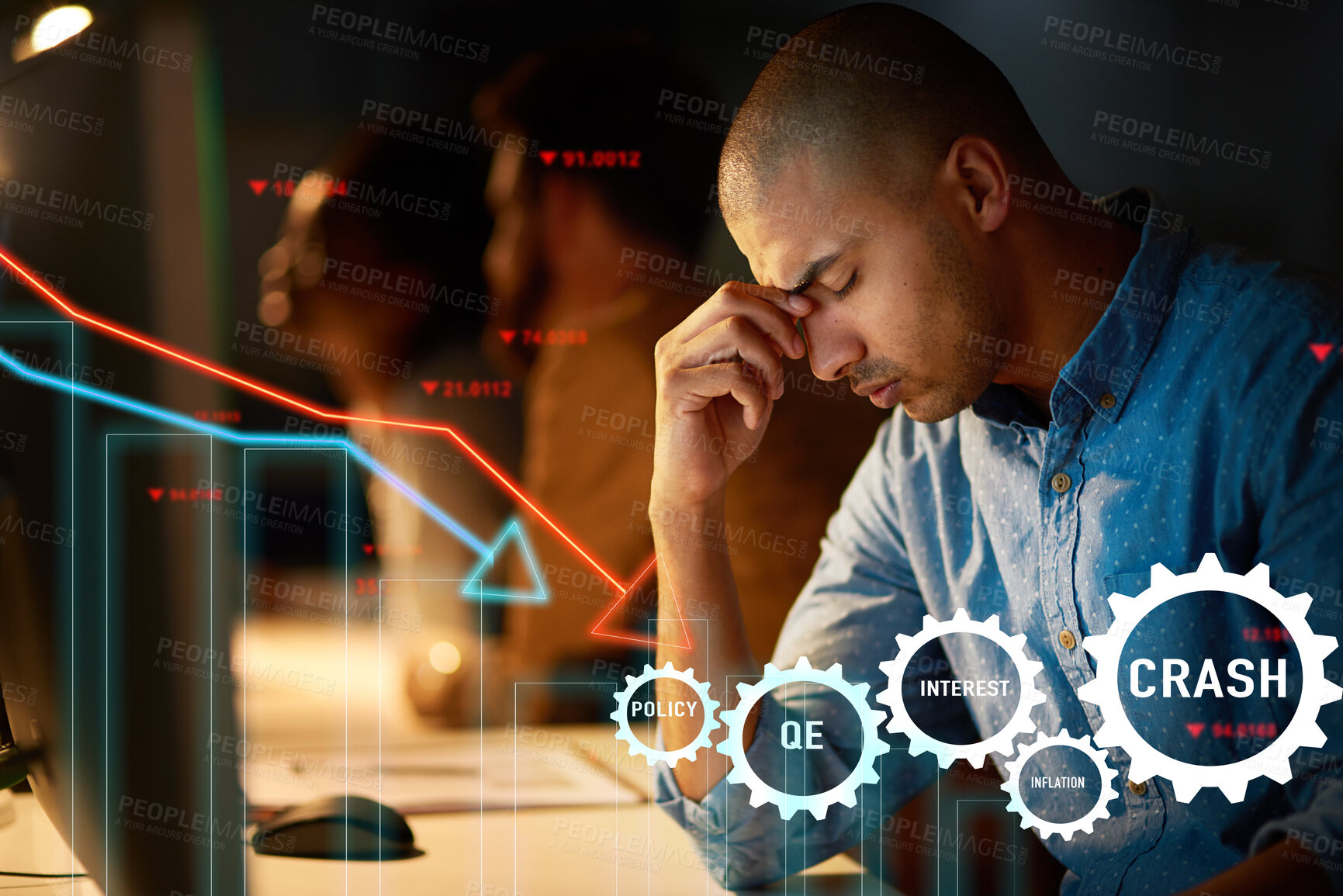 Buy stock photo Man, stress and stock market crash, financial fail or business policy mistake, bank or system error in office overlay. Frustrated broker with headache or pain for night statistics or data on computer