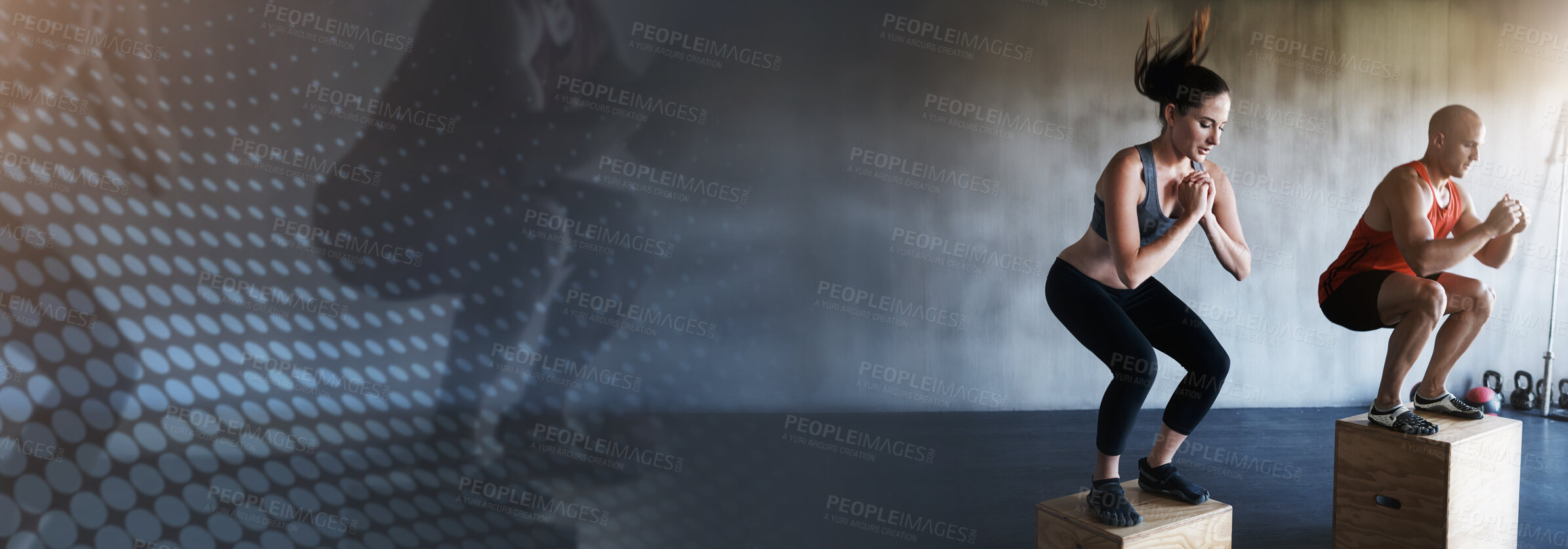 Buy stock photo Fitness mockup woman and man in gym together for workout, commitment and jump on banner. Info space, exercise club and girl with personal trainer in sports challenge, motivation and double exposure.