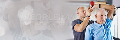 Buy stock photo Fitness banner, dumbbell or physiotherapist with senior man in arm exercise or body recovery workout. Coach, double exposure mockup space or mature client stretching or training in physical therapy