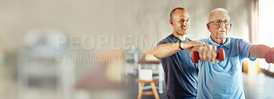 Buy stock photo Fitness banner, weights or physiotherapist with senior man for arm exercise or body workout in recovery. Physical therapy, rehabilitation mockup space or mature client training with dumbbell or coach