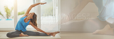 Buy stock photo Woman, yoga and stretching with double exposure for pilates, wellness and health at home. Relax, start and balance with a female person in a house with mockup space and calm on a floor for exercise