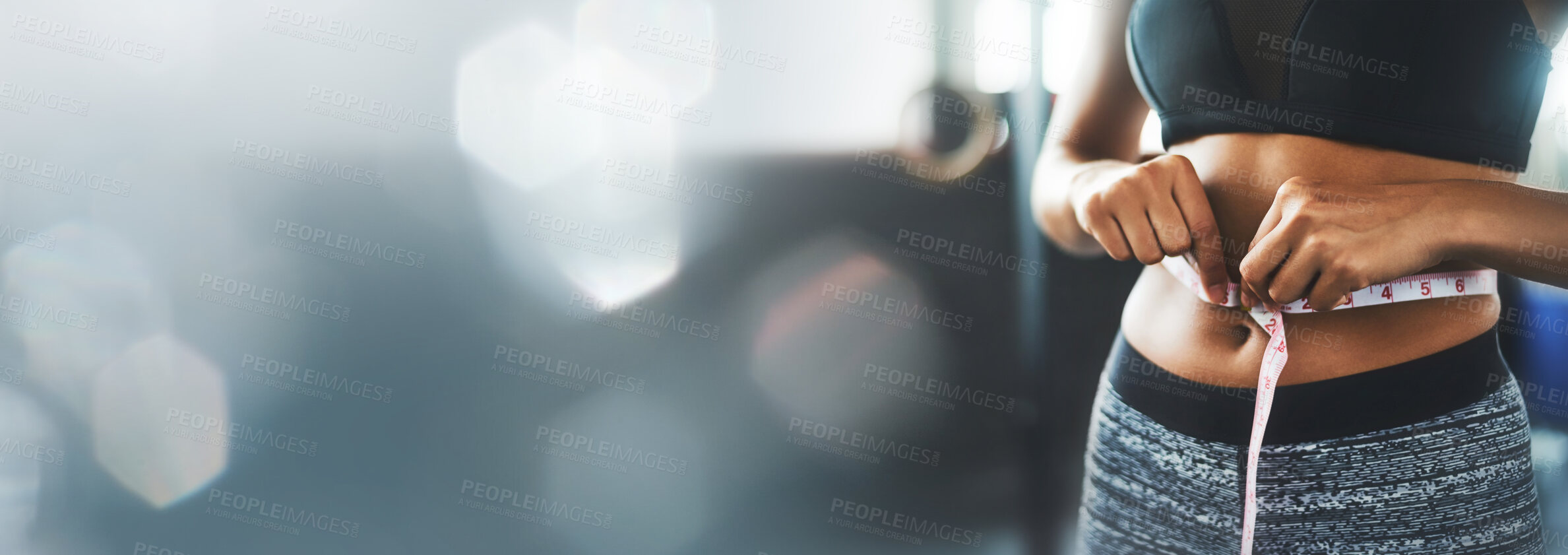 Buy stock photo Woman, weightloss and tape on banner for closeup, bokeh and overlay in mockup for fitness. Female model, person and wellness in health for exercise, training or gym with motivation, diet and results