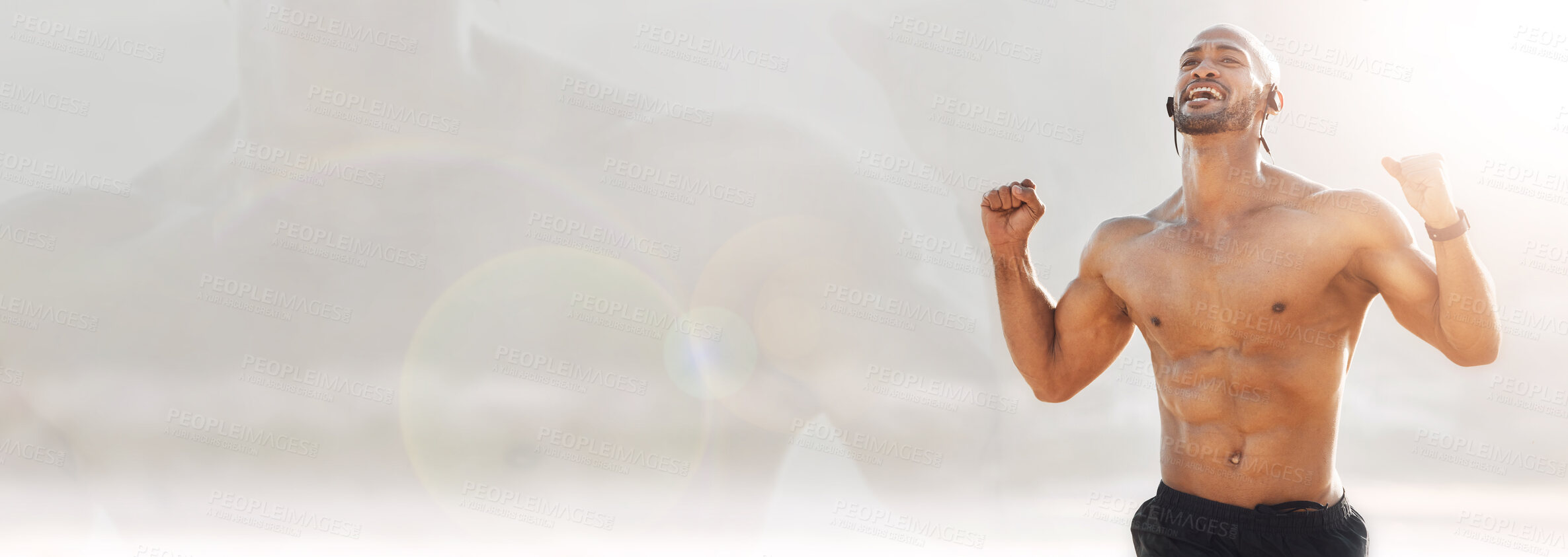 Buy stock photo Fitness, body and celebration with a man on banner mockup for success or victory during a cardio workout. Exercise, space and a shirtless young athlete cheering at the end of his training run