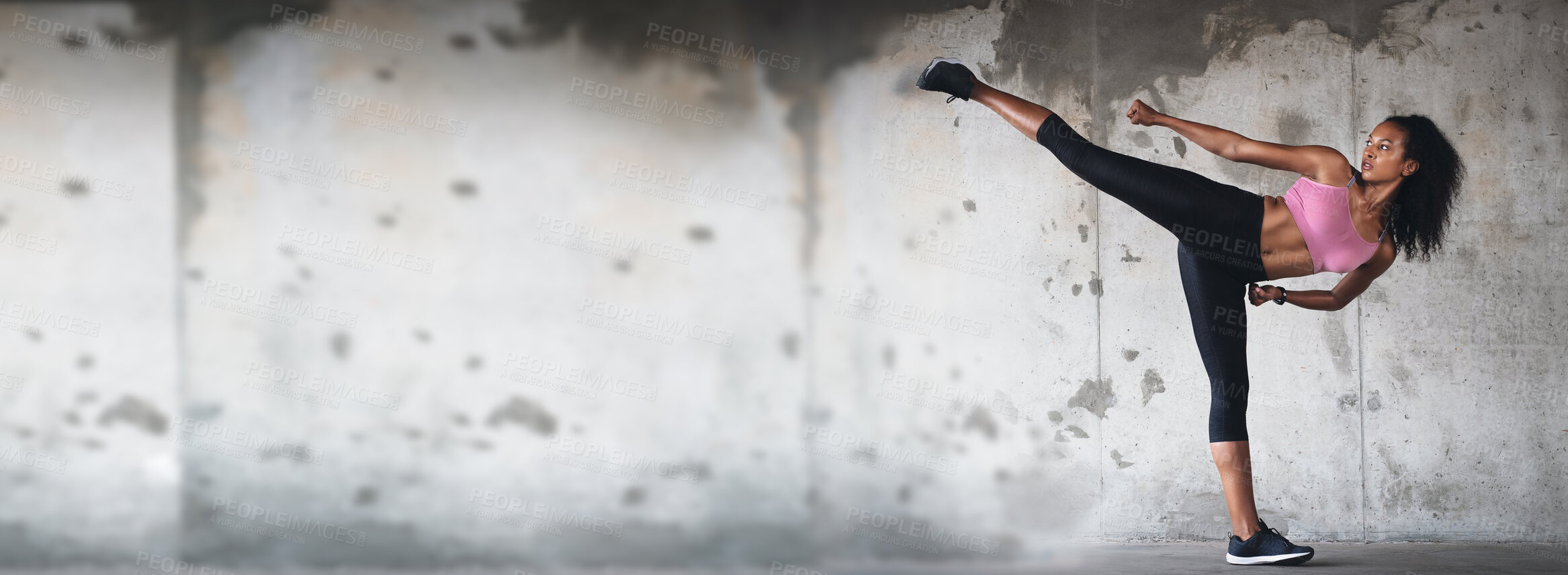 Buy stock photo Fitness, woman and karate kick on banner for athletic, sport or martial arts outdoor for workout or exercise. Training, athlete and kickboxing for wellness, healthy body or cardio on mockup space