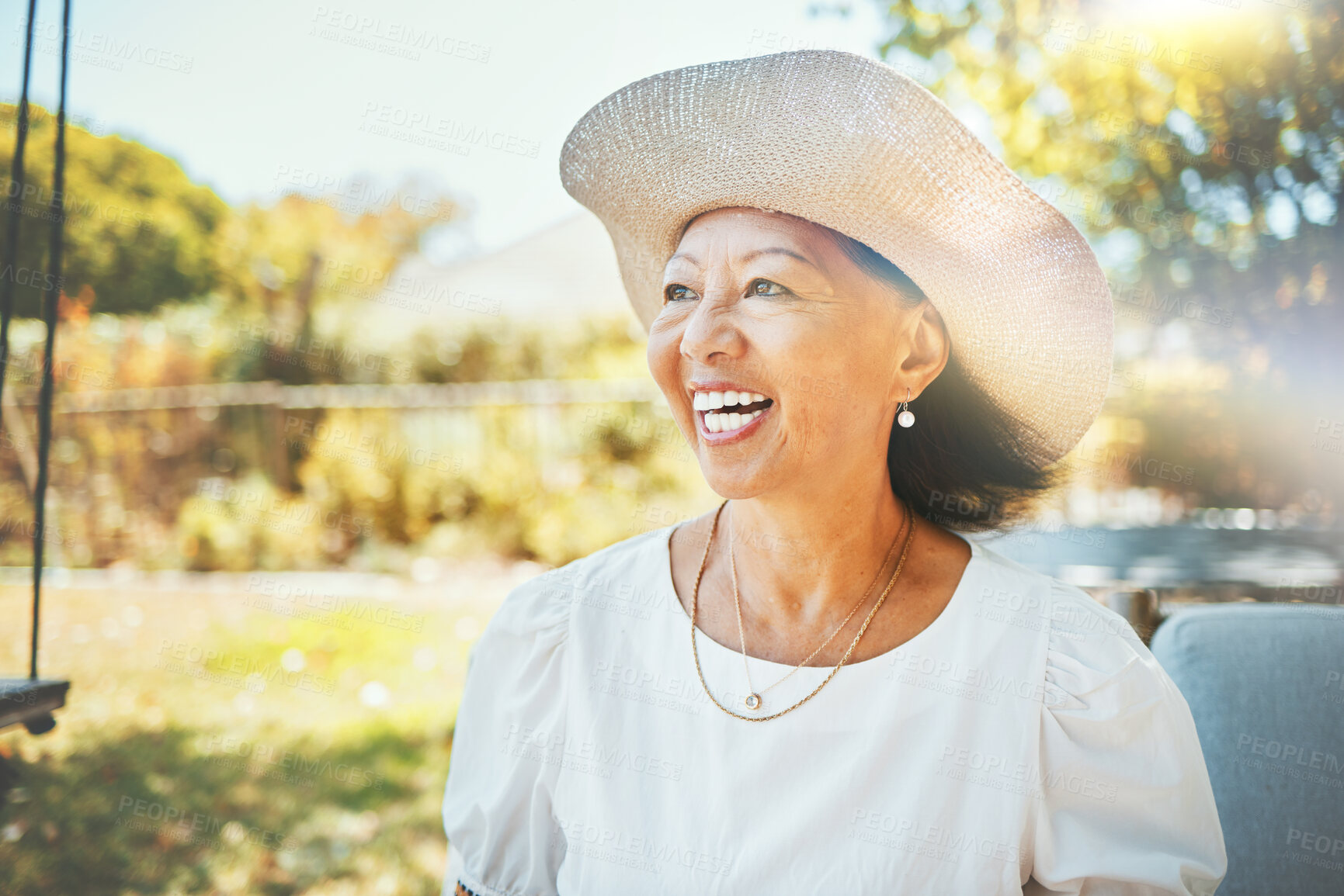 Buy stock photo Thinking, outdoor and senior woman with a smile, memory and nature with sunshine, cheerful and peace. Pensioner, elderly person and old lady with happiness, remember and nostalgia with retirement