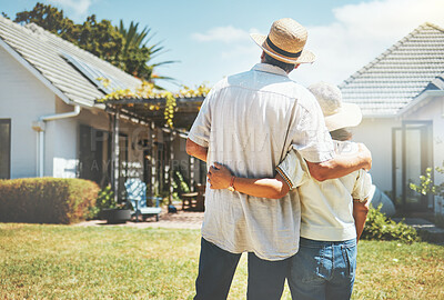 Buy stock photo Back view, couple and hug outdoor at new home, real estate or house investment. Man, woman and embrace at front of property for moving together in building, dream neighborhood and mortgage at garden