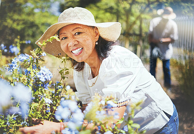 Buy stock photo Portrait, mature and woman for gardening with hat, landscaping and backyard in spring. Asian person, grandmother and love with smile for blue flowers in bloom for peace, relax or wellness for care 