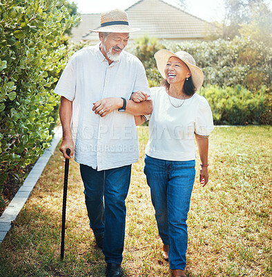 Buy stock photo Walking, laugh and senior Asian couple in garden for bonding, healthy relationship and love. Retirement, marriage and man and woman happy at joke outdoors for fresh air, wellness and relax in nature