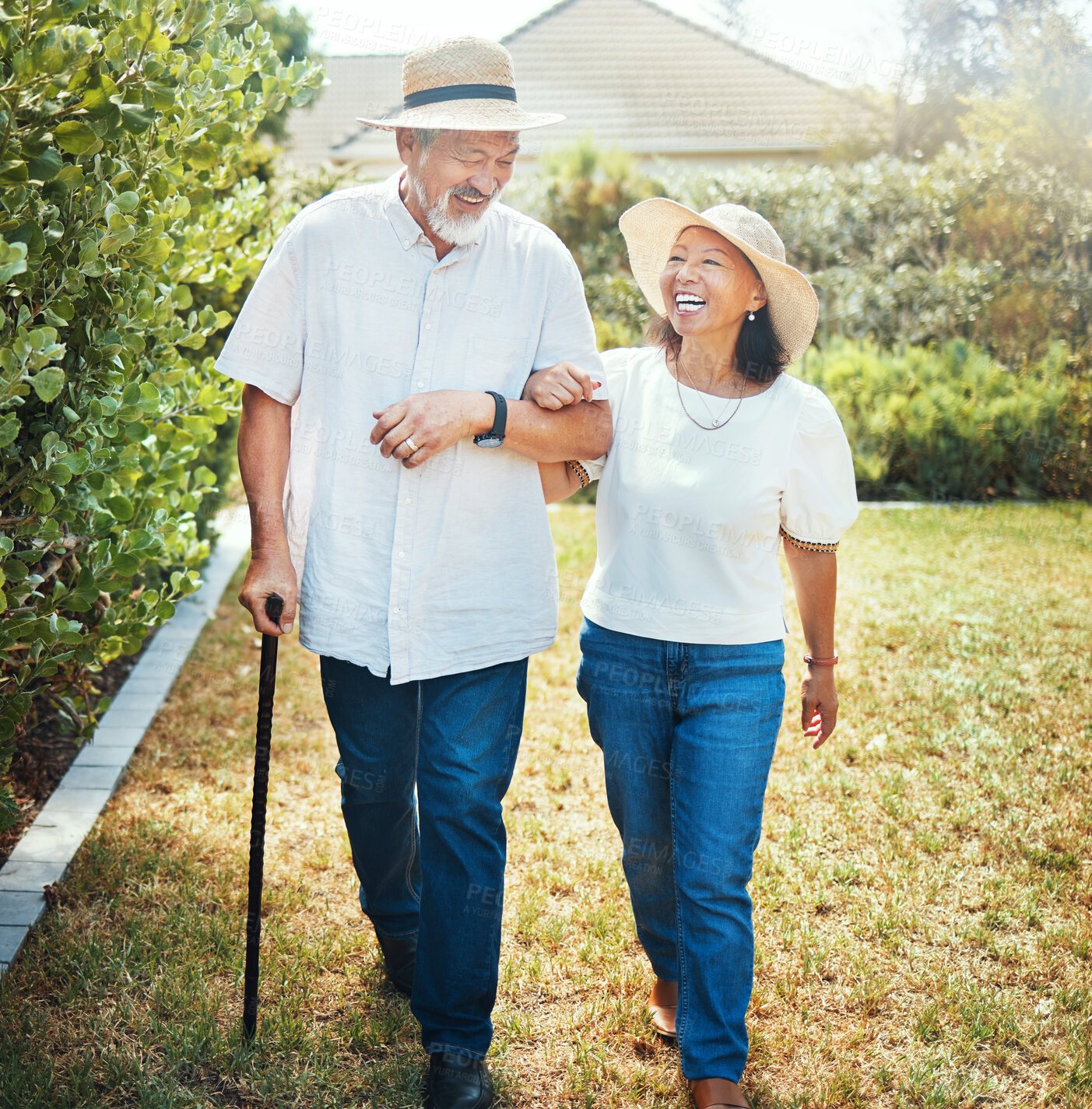 Buy stock photo Walking, laugh and senior Asian couple in garden for bonding, healthy relationship and love. Retirement, marriage and man and woman happy at joke outdoors for fresh air, wellness and relax in nature