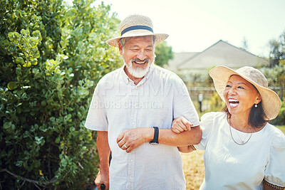 Buy stock photo Walking, happy and senior Asian couple in garden for bonding, healthy relationship and love. Retirement, marriage and man and woman laugh at joke outdoors for fresh air, wellness and relax in nature