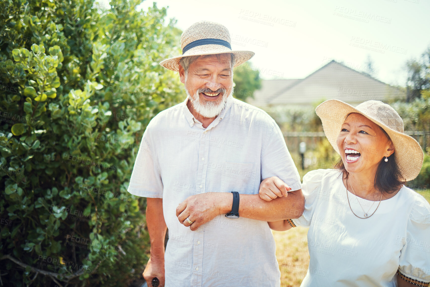 Buy stock photo Walking, happy and senior Asian couple in garden for bonding, healthy relationship and love. Retirement, marriage and man and woman laugh at joke outdoors for fresh air, wellness and relax in nature