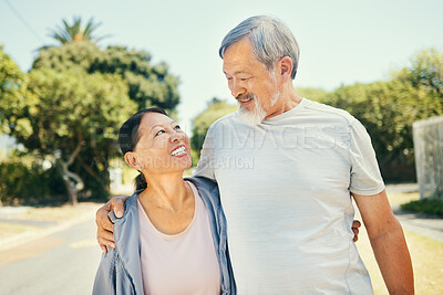 Buy stock photo Hug, outdoor and senior couple with fitness, training and wellness with workout, smile and love. Park, happy elderly man and old woman embrace, exercise and bonding with summer, relax and retirement