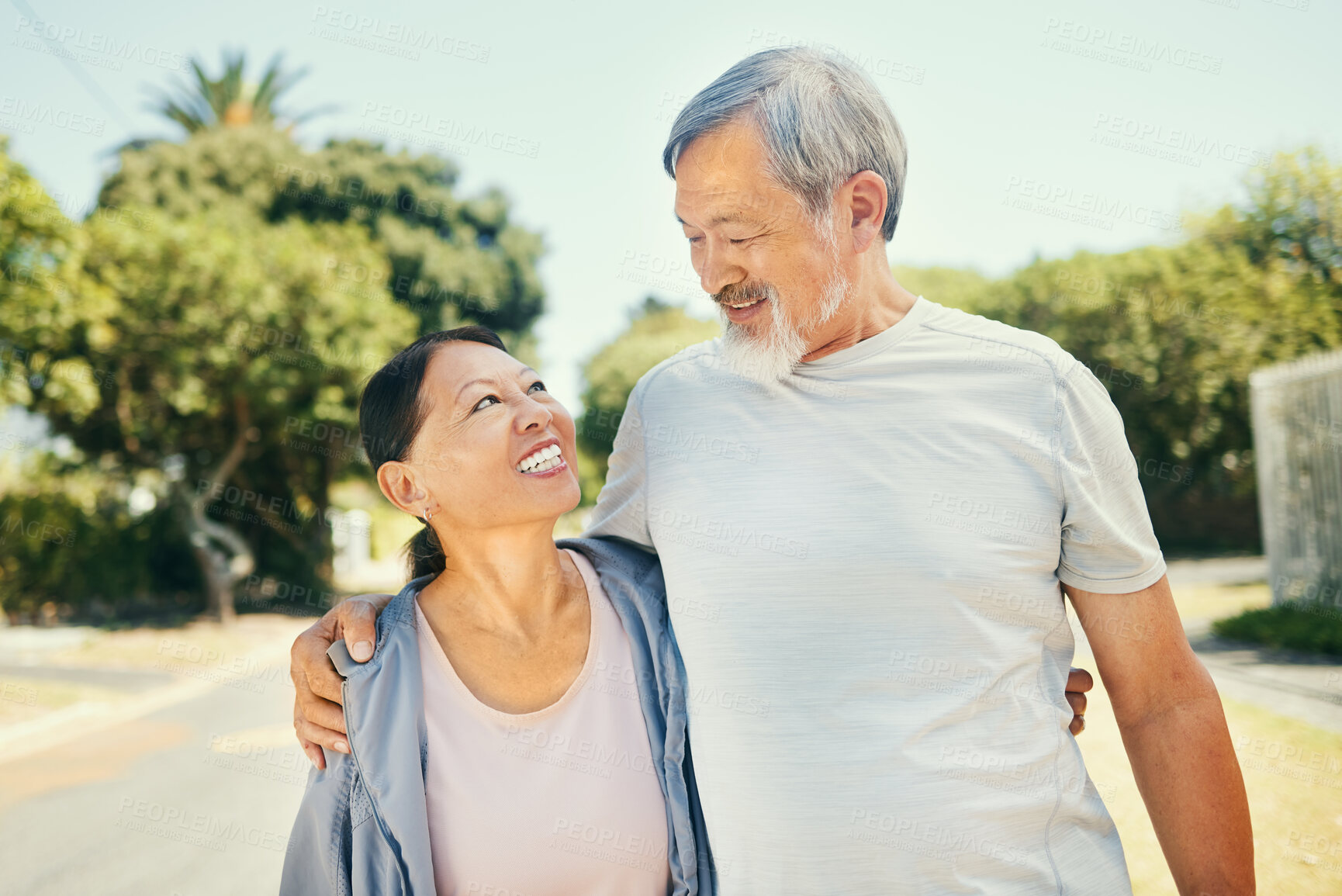 Buy stock photo Hug, outdoor and senior couple with fitness, training and wellness with workout, smile and love. Park, happy elderly man and old woman embrace, exercise and bonding with summer, relax and retirement