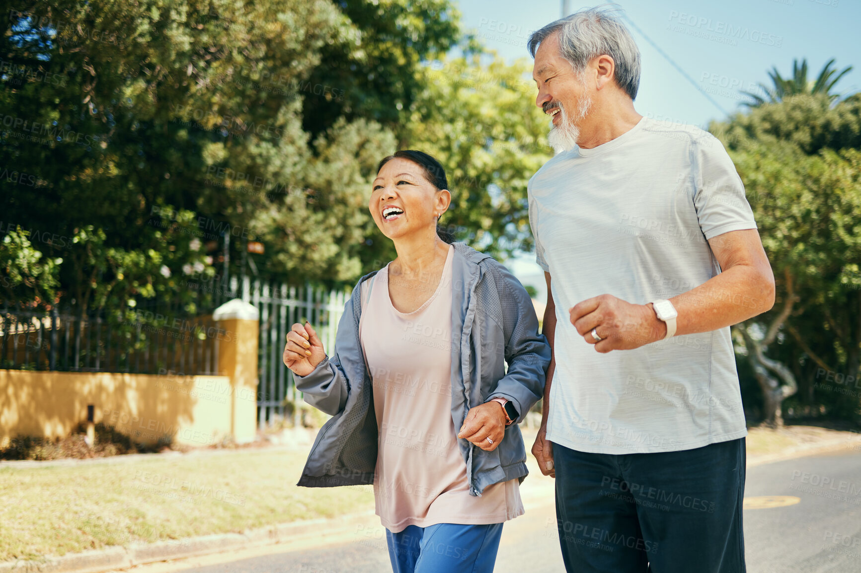 Running, mature couple and happy for fitness, exercise and workout in road  of neighborhood. Asian man, woman and smile in street for healthy cardio  wellness, performance and action together outdoor | Buy