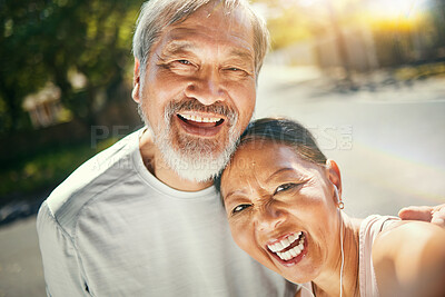 Buy stock photo Selfie, fitness and smile with senior couple in road after a running exercise for race or marathon training. Happy, health and portrait of elderly woman and man athlete after a cardio workout