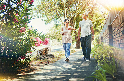 Buy stock photo Street, neighborhood and senior couple walking as fitness , exercise and outdoor workout together as wellness. Health, time and calm elderly people on retirement training muscle or sport freedom 