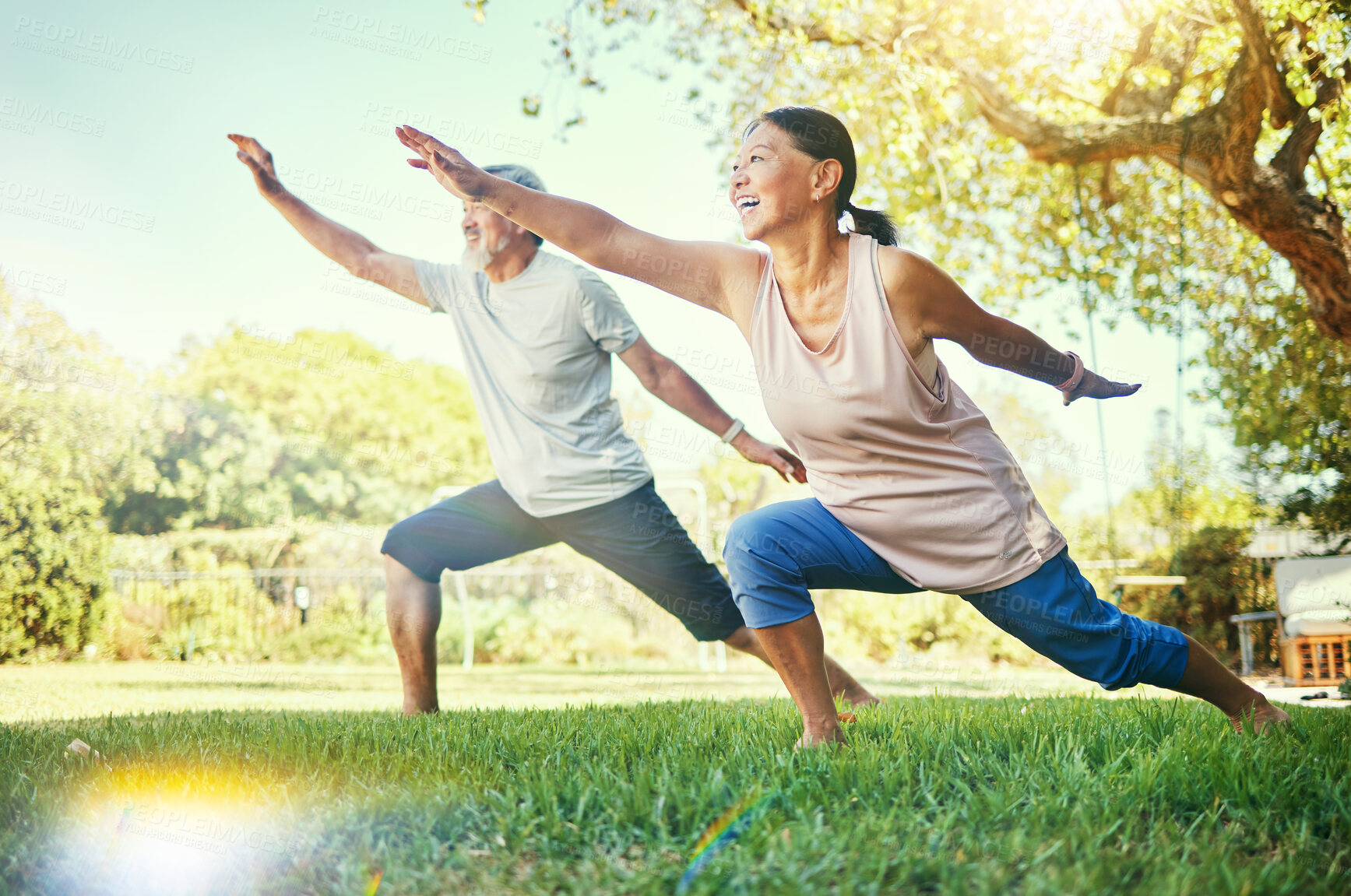 Buy stock photo Senior couple, outdoor and yoga for health, fitness and wellness in grass, healthy or happy. Retired, elderly and enjoying retirement with workout, stretching and backyard for body, man and woman