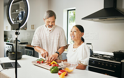 Buy stock photo Home, senior couple or influencer with food, smile or live streaming with connection, ring light or tech. Vlog, elderly man or old woman with social media, kitchen or cooking with diet plan or health