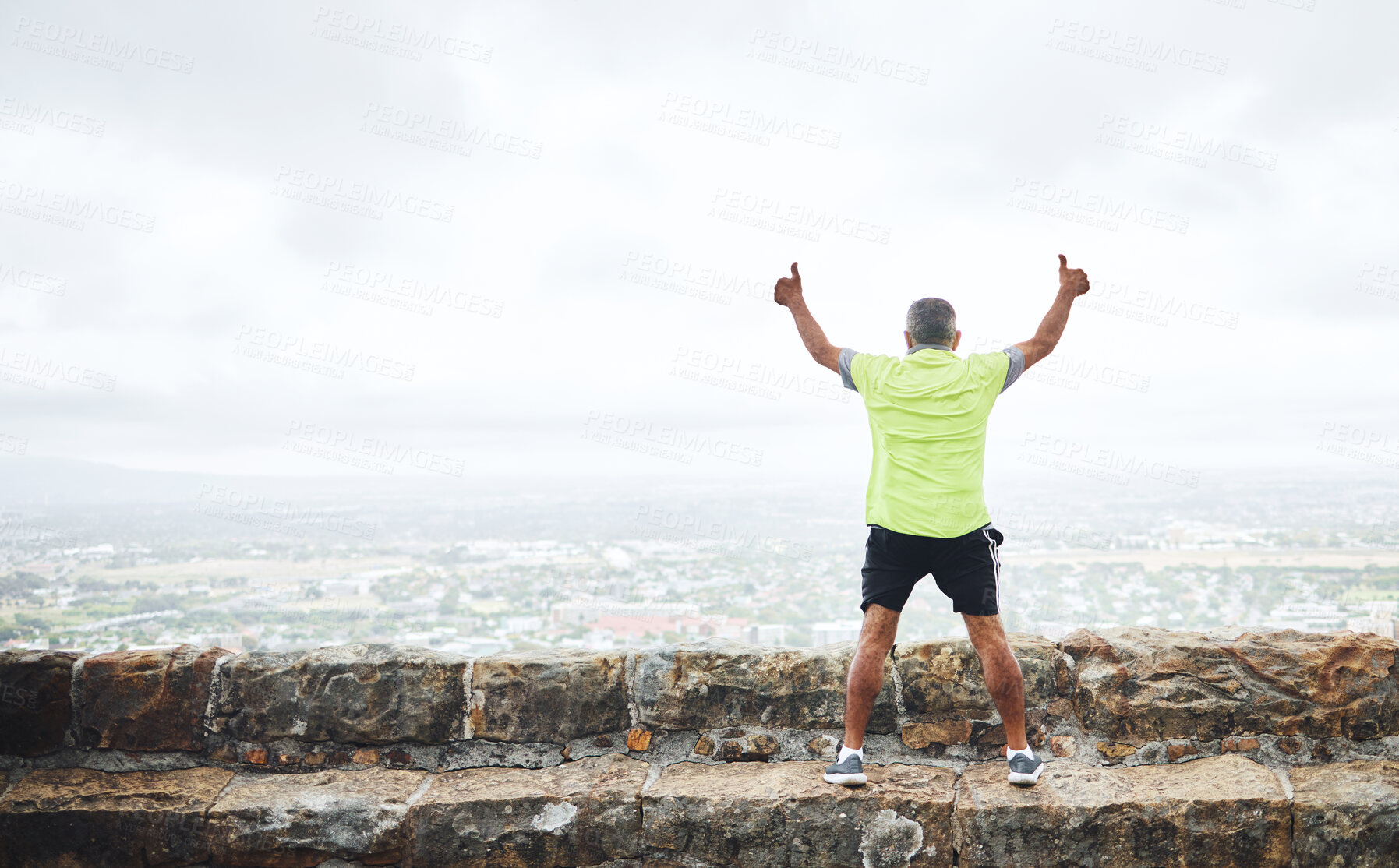 Buy stock photo Senior man, celebration and winner for race, hike or marathon for health, wellness and fitness. City, run and thumbs up for goal, workout and victory for achievement, elderly and freedom retirement 