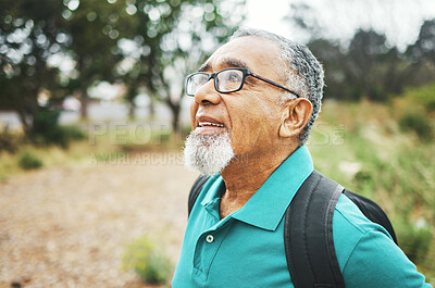 Buy stock photo Outdoor, thinking and senior man breathing, peace and calm with retirement, smile and fitness with wellness. Elderly person, pensioner or old guy with meditation, relax and forest with health or hike