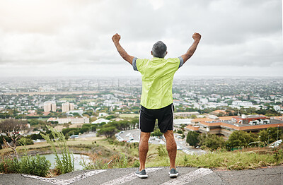 Buy stock photo Outdoor, back and old man with exercise, achievement and sports with workout, wellness and success. Mature person, runner and athlete outside, fitness and training with celebration, health or excited