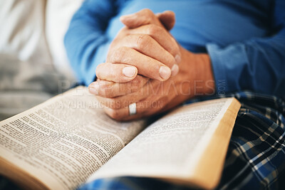 Hands, Bible and prayer with God and worship, religion with faith or spiritual, reading scripture for guide and hope. Gratitude, respect and Christian person with healing, wellness and religious book