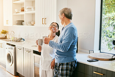 Buy stock photo Coffee, happy and Asian old couple in kitchen with hot beverage, tea and caffeine for breakfast. Marriage, retirement and senior man and woman in home laugh for bonding, relationship and commitment